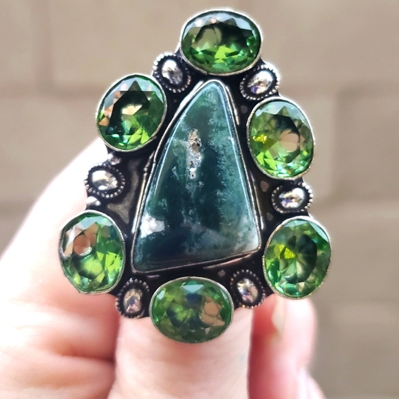 New Oversized Indian Moss Agate & Tsavorite 925 Silver Statement Ring. - Picture 1 of 16